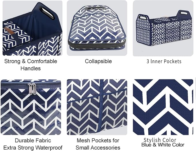 Orionstar Trunk Organizer, Foldable Car Storage Bag Portable Insulation Cooler Bag Collapsible Vehicle Organizer Divider Storage Totes with 3 Compartment Cargo Tote for Groceries Caddy SUV, Navy Blue