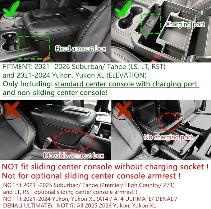 EDBETOS Full Size Center Console Organizer Tray Compatible with 2021-2026 Chevy Tahoe/Suburban and 2021-2024 GMC Yukon, Fit Standard Console with Charging Socket Only, NOT for Power Sliding Console.