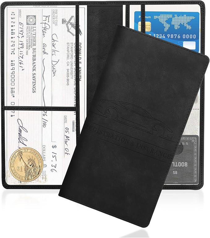 Car Registration and Insurance Holder,PU Leather Car Glove Box Organizer Car Document Holder for ID,Driver's License (Black)