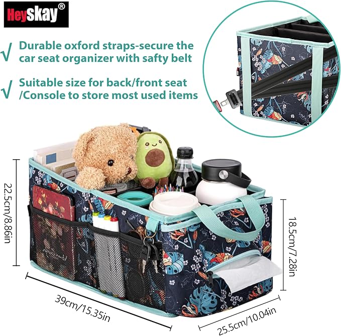 HEYSKAY Car Seat Organizer-Passenger Seat Organizer, Collapsible Small Car Seat Organizer for Console Front/Back, Car Seat Caddy Organizer with 4pc Drink Holders Automotive Backseat Organizer for Kids