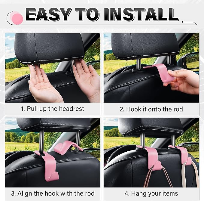 SINGARO 4 Pack Car Seat Headrest Hooks, Vehicle Back Seat Hanger Storage Organizer for Purse Handbag Backpack Coat Grocery, 360° Rotating Heavy Duty Holds 44lbs, Pink