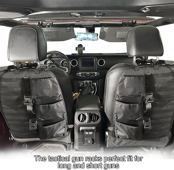 SUNPIE 2 Pcs Seat Back Truck Gun Rack, Automotive Gun Racks with Molle Panel Universal Seatback Storage Pockets Tactical Car Seat Back Organizer for Hunting Accessories Storage, Black