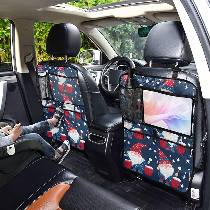 July 4th Gnomes Drum Dark Blue 1 Pack Backseat Car Organizer with Storage Pockets Seat Back Organizers for Kids Kick Mats Backseat Protector Automotive