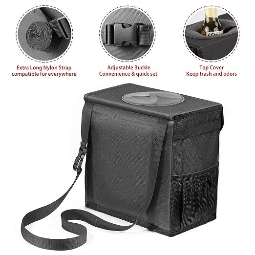 Ryhpez Car Trash Can with Lid - Car Accessories for Women Men, Vehicle Trash Bin Storage Bag, Truck Garbage Can Foldable with Metal Rack Support for Back Seat Hanging (2.4 Gallon/9L)