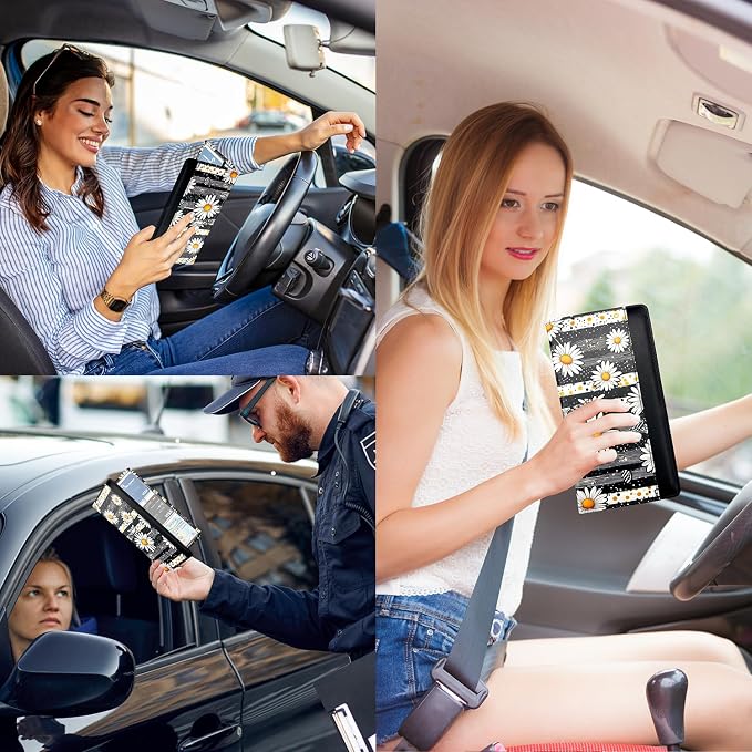 Car Registration and Insurance Holder with Magnetic Closure, Universal Document Organizer for License, Insurance Cards & Glove Box Storage (Daisy)