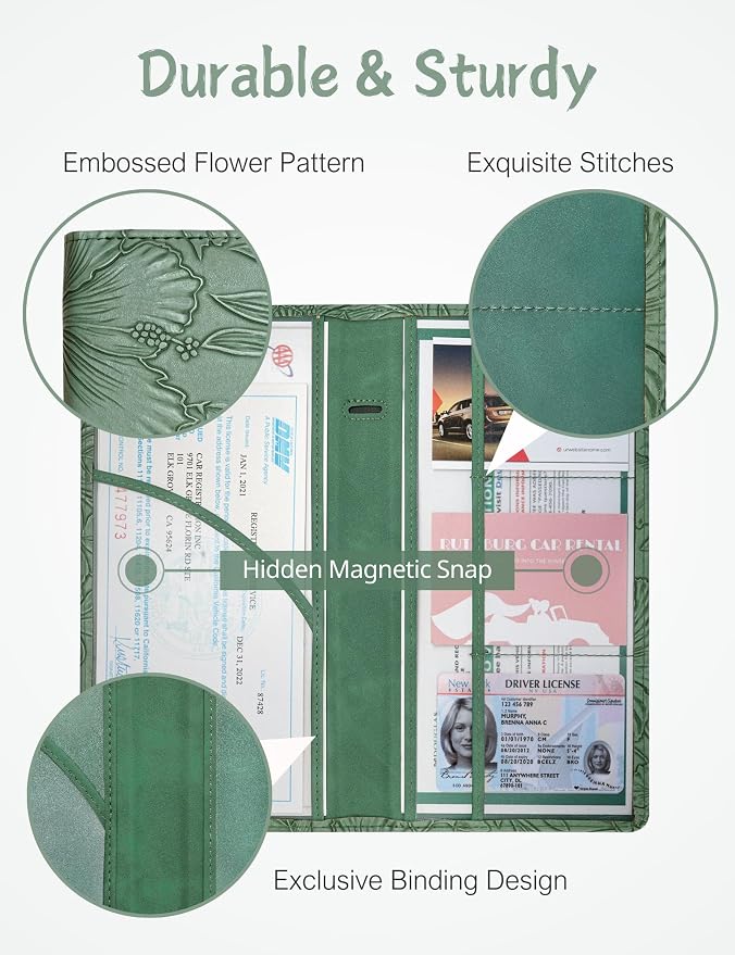 Mymazn Car Registration and Insurance Holder, PU Leather Glove Box Car Organizer with Magnetic Closure, Car Document Holder for Driver's License & Essential Documents (Floral Green)