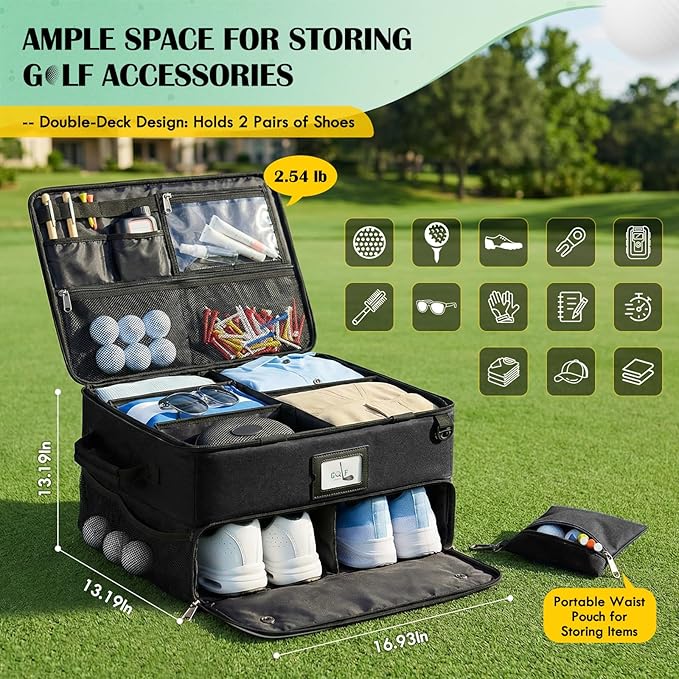 RAINSMORE Golf Trunk Organizer Golf Bag Organizers Golf Shoe Bag with Separate Ventilated Compartment for 2 Pair Shoes Golf Accessories for Balls, Gloves, Clothes