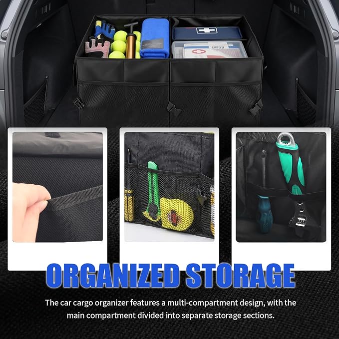 Collapsible Car Trunk Organizer, High-Capacity Trunk Organizer for SUV with Multiple Compartments, Universal Car Storage Organizers as Cars Storage Box for SUVs, Trucks