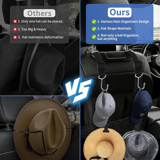 Car Seat Headrest Hooks, Adjustable Purse Hook for Car with Hat Clip, 100 LBS Heavy Duty Metal Headrest Hooks for Car to Hold Bags & Caps, Easy Install Backseat Organizer (2 Pack)
