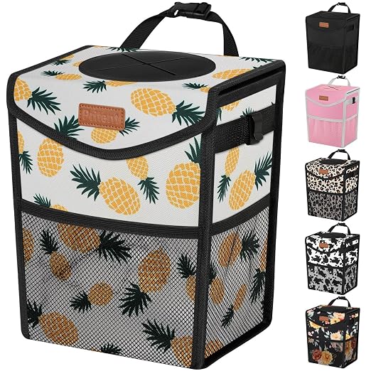 Pritent Car Trash Can with Lid, Cute Leakproof Car Trash Garbage Bag Hanging Vehicle Trash Bin Small Portable Automotive Garbage Cans Organizer for Back/Front Seat/Console(2.8 gal,Pineapple Print