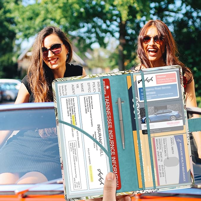 DMLuna Car Registration and Insurance Holder, Leather Vehicle Card Document Glove Box Organizer, Auto Truck Compartment Accessories for Essential Information, Driver License Cards, Coconut Tree