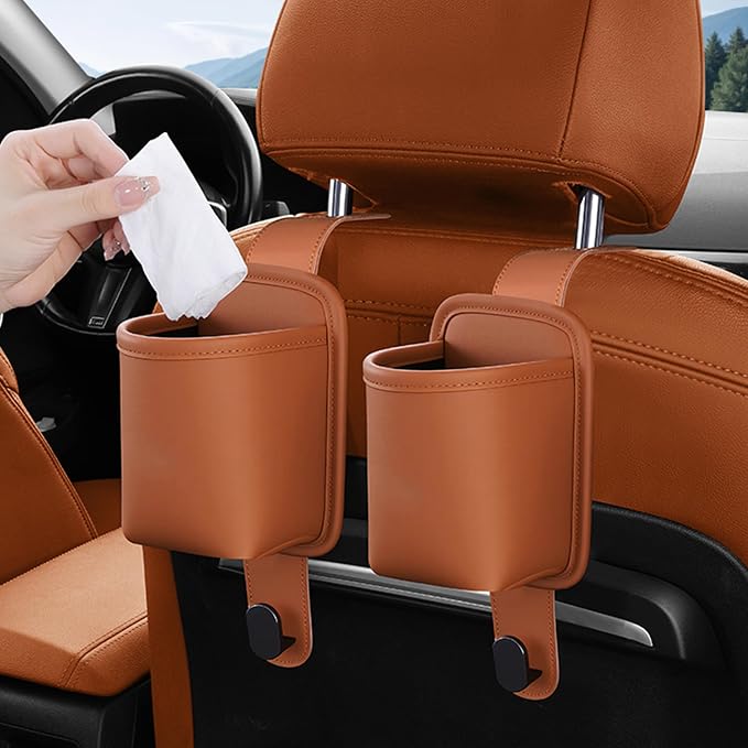 2-Pack Car Seat Back Cup Holder Organizer, Orange | Faux Leather, With Hooks, Universal Backseat Storage, For Drinks, Bottles & Travel Accessories