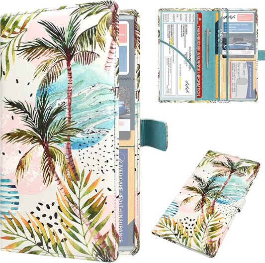 DMLuna Car Registration and Insurance Holder, Leather Vehicle Card Document Glove Box Organizer, Auto Truck Compartment Accessories for Essential Information, Driver License Cards, Coconut Tree