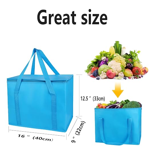 musbus 4-Pack, Large Insulated Grocery shopping bag, Blue, reusable bags,zipper,Collapsible,tote,cooler,for men women,for instacart,leakproof,soft,Recycled Materia