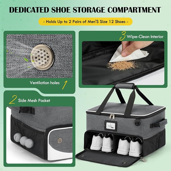 RAINSMORE Golf Trunk Organizer Golf Bag Organizers Golf Shoe Bag with Separate Ventilated Compartment for 2 Pair Shoes Golf Accessories for Balls, Gloves, Clothes