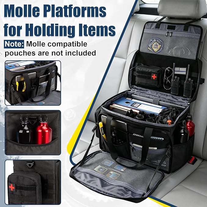 Patrol Bag Law Enforcement, Police Gear Bag for Car Front Seat Organizer Tactical Officer Duty Bags, Police Duty Bag for Passenger Seat, Multiple Compartment Molle Webbing Removable Shoulder Strap