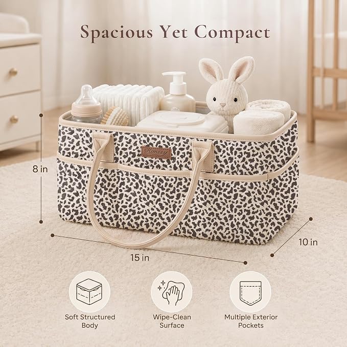 Konssy Quilted Diaper Caddy Organizer, Diaper Caddy Basket with PU Leather Handles, Water-Repellent Nursery Storage Basket, Portable Car Organizer, Registry Search Must Haves (Little Leopard)
