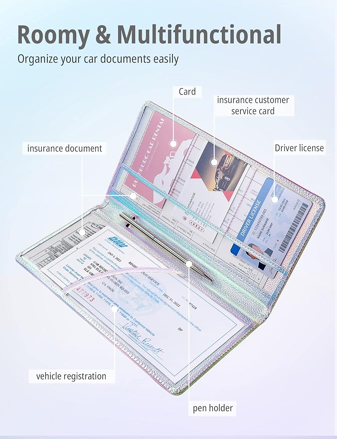 Mymazn Car Registration and Insurance Holder, PU Leather Glove Box Car Organizer with Magnetic Closure, Car Document Holder for Driver's License & Essential Documents (Iridescent blue)