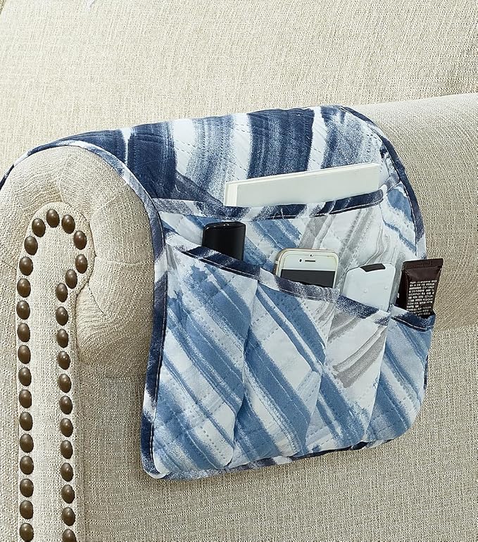 Brilliant Sunshine Blue Grey Stripe Blocks Patchwork Couch Armrest Organizer, Non Slip Armchair Caddy for Sofa Recliner, Washable Remote Control Holder, Storage for Magazine, Phone, iPad (35"×13")