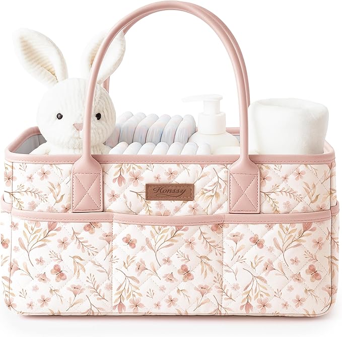 Konssy Floral Quilted Diaper Caddy Organizer, Diaper Caddy Basket with PU Leather Handles, Water-Repellent Nursery Storage Basket, Portable Car Organizer, Registry Search Must Haves (Pink Spring)