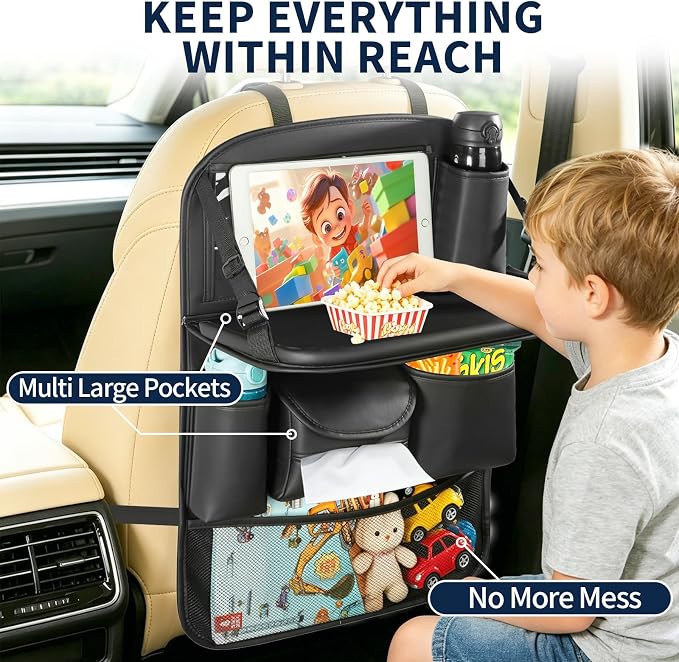 2 Pack Backseat Car Organizer with Foldable Tray Table, PU Leather Seat Back Organizer with Tablet Holder, Large Storage Pockets, Waterproof Kick Mat & Seat Back Protector for Cars, SUVs & Minivans