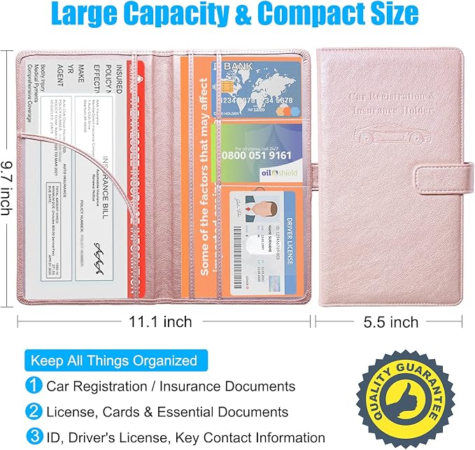 DMLuna Car Registration and Insurance Holder, Leather Vehicle Card Document Glove Box Organizer, Auto Truck Compartment Accessories for Essential Information, Driver License Cards, Rose Gold