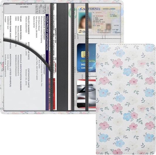 LumiMokki Premium Car Registration & Insurance Card Holder with Magnetic Shut, Vehicle Glove Box Car Organizer - For Documents, Cards, License (Floral A)
