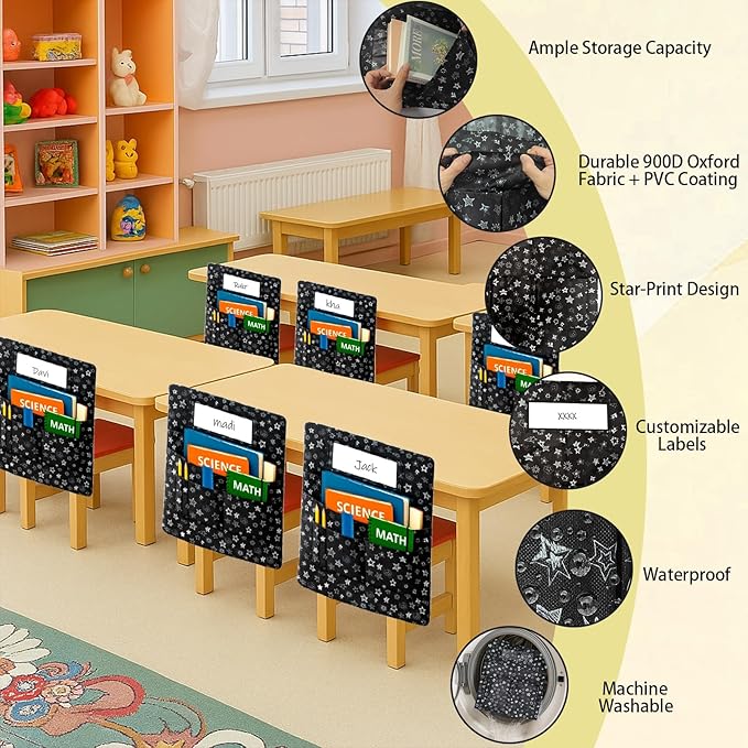 25 PCS Chair Pockets for Classroom Chairs, 15"W x 19"H Seat Sacks with 5 Pockets, Durable 600D Oxford Student Chair Bag Organizer with Name Tag Slot for K-5 Kindergarten School, Black