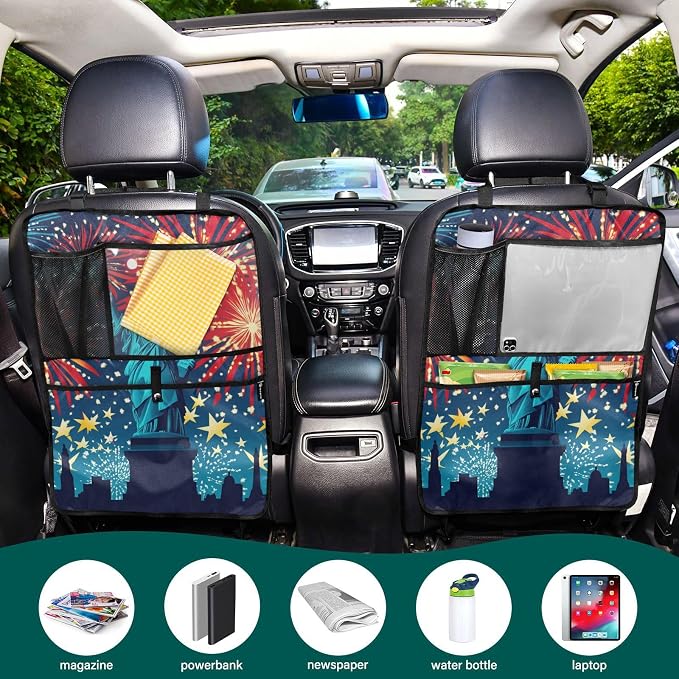 July 4th Fireworks Statue Of Liberty Blue 1 Pack Backseat Car Organizer with Storage Pockets Seat Back Organizers for Kids Kick Mats Backseat Protector Automotive