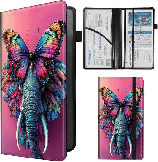 Car Registration and Insurance Holder,PU Leather Car License Document Insurance and Registration Card Holder Men Women Vehicle Glove Box Organizer Auto Accessories-Surreal Elephant Butterfly