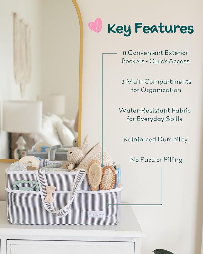 Lily Miles Baby Diaper Caddy Organizer, Girl Nursery Storage Basket with 8 Pockets, Baby Organizer and Storage, Easy-to-Clean Fabric, Large, Pink Blush