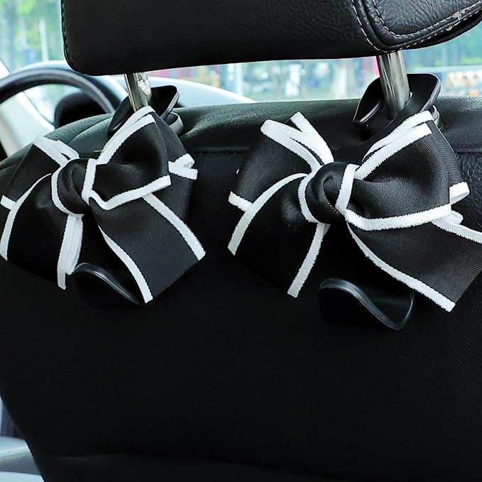 Amooca Car Seat Headrest Hook Cute Bowknot Vehicle Hanger Car Storage Organizer for Handbag Purse Coat Grocery Bag Black