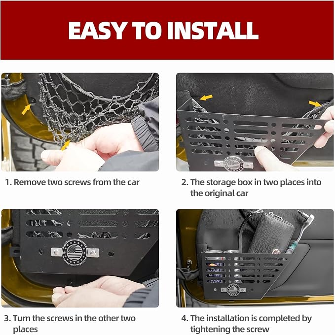 Metal Front Door Storage Box for Jeep Wrangler JK JKU 4XE 2011-2018 & Gladiator JT 2011-2018 Interior Storage Expansion Door Storage Side Pockets Insert Organizer Accessories (2-Pcs)