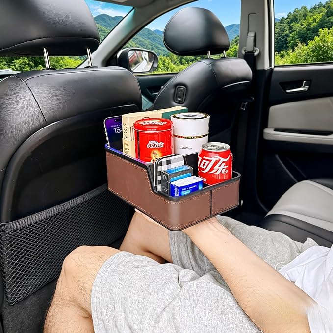 Car Seat Organizer with Phone Holder,Armrest Cup Holder Tray Truck Organizer & Storage Front Seat Organizer Small Car Caddy fit for Car SUVs Pickup Truck Van(Brown)