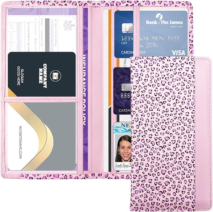 Car Registration and Insurance Holder with Magnetic Closure, Universal Document Organizer for License, Insurance Cards & Glove Box Storage (Leopard-Pink)