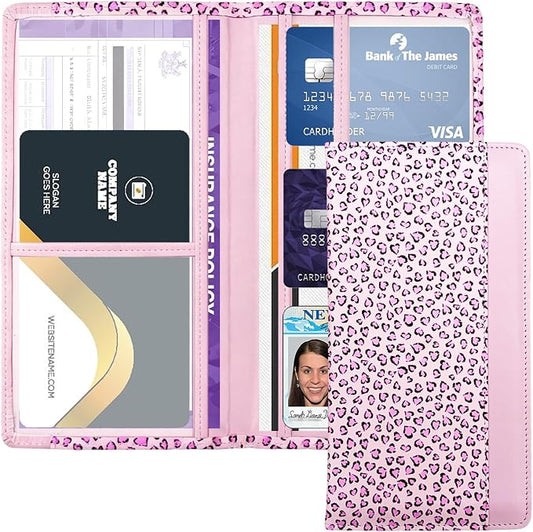 Car Registration and Insurance Holder with Magnetic Closure, Universal Document Organizer for License, Insurance Cards & Glove Box Storage (Leopard-Pink)