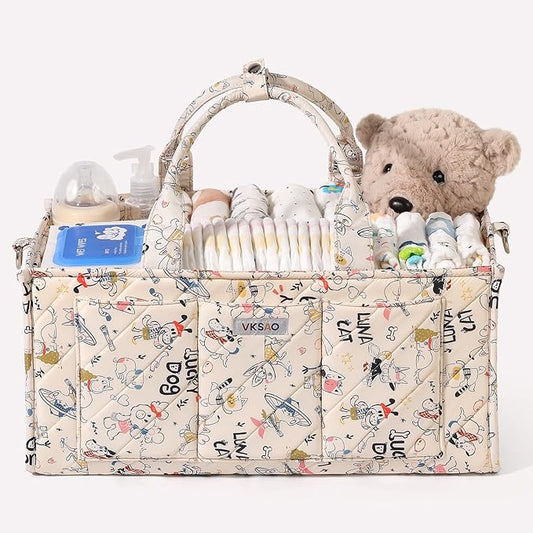 Colorful Cute Cartoon Animal Prints Baby Diaper Caddy Organizer, Large Storage Basket for Newborn Essentials Baby Shower Gifts