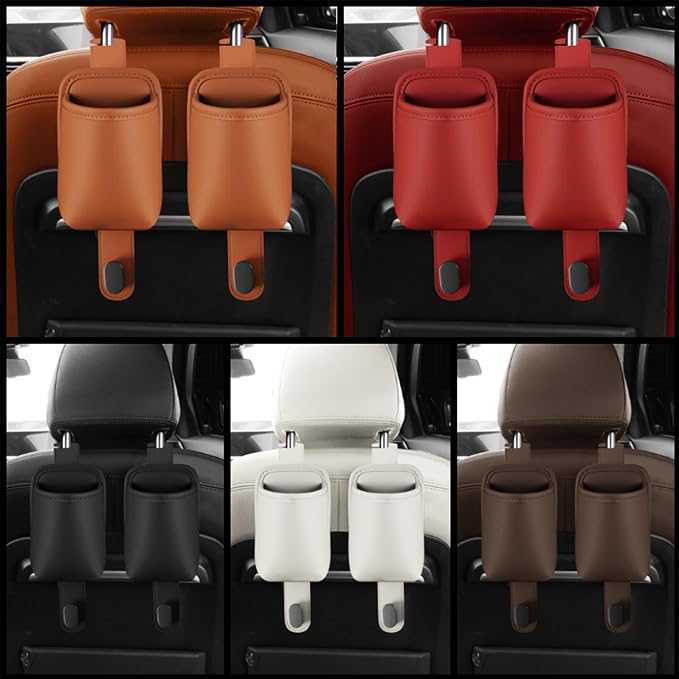 2-Pack Car Seat Back Cup Holder Organizer, Brown | Faux Leather, With Hooks, Universal Backseat Storage, For Drinks, Bottles & Travel Accessories