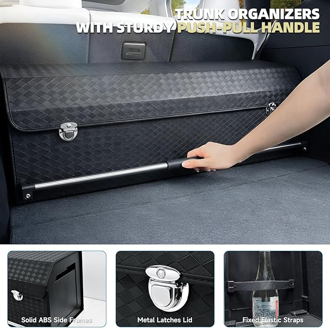SUV Trunk Organizers, Sturdy Leather Trunk Storage Organizer with Lid & Push-pull Handle, Large Capacity Waterproof Cargo Storage Box for BMW Audi Civic Sedan (39.7 x 11.4 x 12.2in)