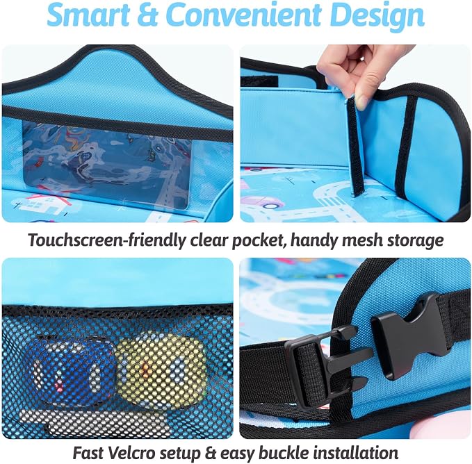 Kids Travel Tray for Car, Boy's Safety Seat Table, Carseat Lap Desk | Weight-Relief Strap, Non-Skid Silicone Base, Waterproof Dining/Craft Mat