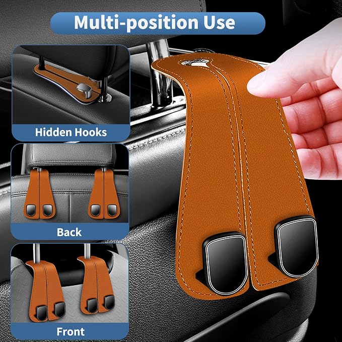 Headrest Hooks for Car, Fit for BMW Accessories X3 X5, Car Hooks Microfiber Leather and Stainless Steel Seat Back Storage Holder for Purses, Bags (Saddle Brown)