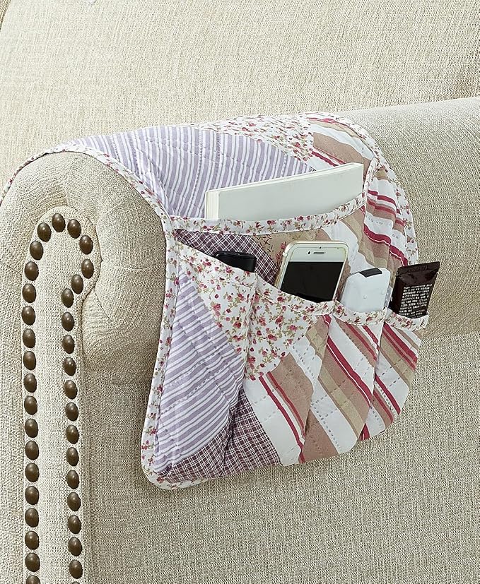 Brilliant Sunshine Pink Rosette and Stripes Patchwork Couch Armrest Organizer, Non Slip Armchair Caddy for Sofa Recliner, Washable Remote Control Holder, Storage for Magazine, Phone, iPad (35"×13")