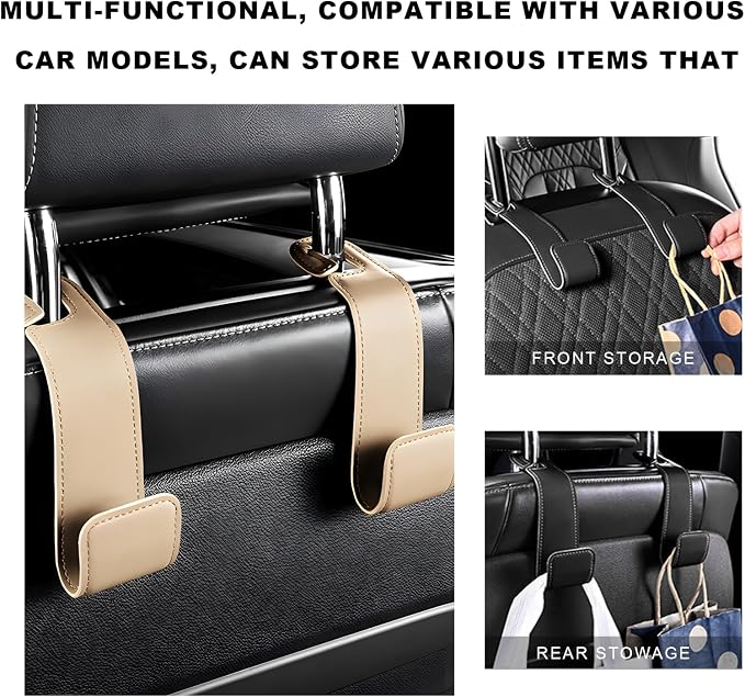 2 PCS Car Seat Headrest Hook, Microfiber Leather Purse Hooks Back Seat Storage Organizer, Auto Interior Headrest Holder for Hanging Bag Coat Grocery, Car Accessories (Beige)