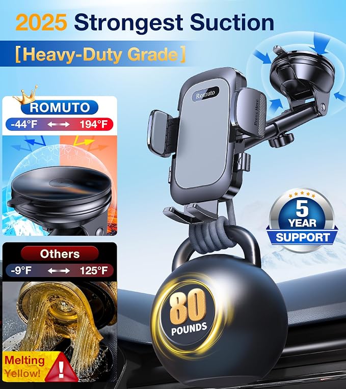 Romuto Phone Holders for Your Car Phone Holder Mount【2026 Strongest Suction】 Cell Phone Mount for Car Dash Windshield Vent Automobile Accessory Car Dashboard Sticky Pad Truck Stand for iPhone Samsung