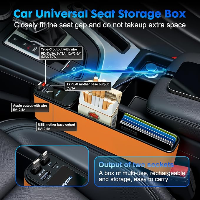 MQOUNY Car Seat Gap Filler with Retractable Car Charger, 36W Cars Adapter USB C Fast Charger for iPhone 17 Pro Max 16 14 13, Multifunctional Seat Side Gap Filler,Car Accessories Birthday Gifts