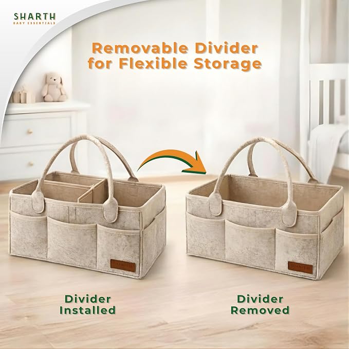 Sharth Baby Diaper Caddy Organizer with Upgraded Stitched Edges – Foldable Felt Nursery Organizer with Handle, Removable Dividers & 8 Outer Pockets, Portable Baby Shower Registry Gift (Beige)