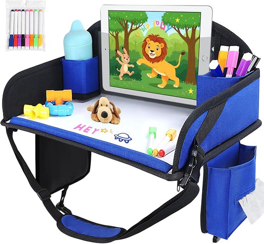 Kids Travel Tray for Airplane - Toddler Car Seat Table Tray, Road Trip Essentials for Boys & Girls, Carseat Lap Desk for Kids Road Trip Activities(Navy Blue)