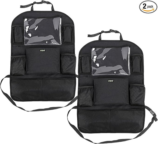PIDO Backseat Car Organizer, Car Seat Organizer for Kids with Touch Screen Tablet Holder and 8 Pockets, Automotive Seat Back Kick Mat Made with Heavy Duty Fabric, Road Trip Essentials, 2 Pack