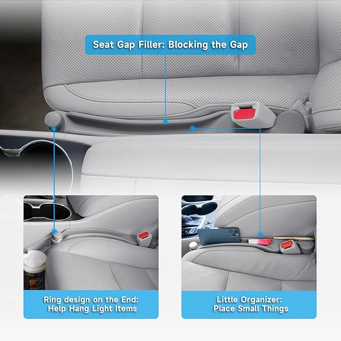 Car Seat Gap Filler Set of 2, 3IN1 Seat Side Gap Filler Plug with Storage Slot & Hook Function, Soft Foam Universal Fit Car SUV Truck Fill Gap Between Seats Console Organizer（Narrow Carbon Gray）