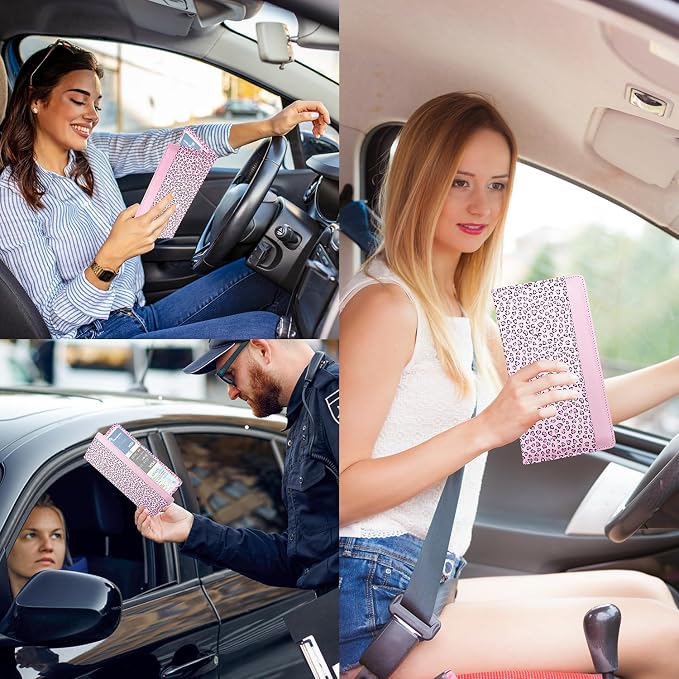 Car Registration and Insurance Holder with Magnetic Closure, Universal Document Organizer for License, Insurance Cards & Glove Box Storage (Leopard-Pink)